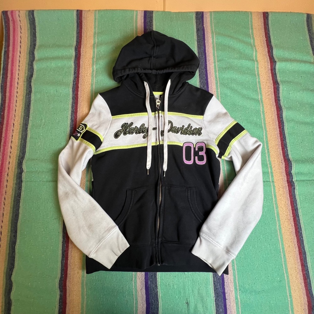 Harley Davidson Zip Hoodie Womens Medium Black White Neon Winged Graphic Biker